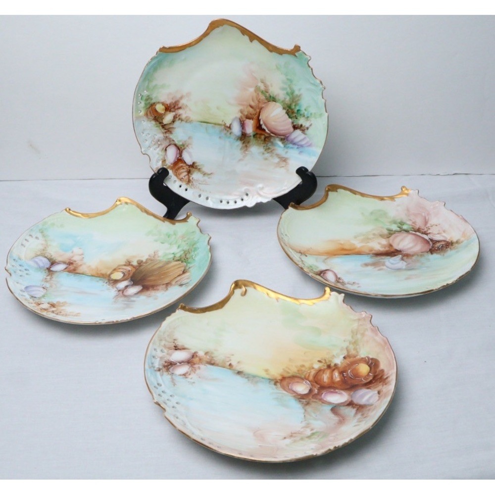 4 Antique Bavaria Rosenthal Savoy Porcelain Sea Shell Plates Gold Gilt Trim
